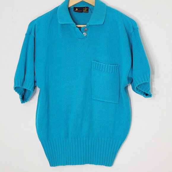 Vintage Blue 100% Cotton Collared Pocket Retro Knitted Short Sleeve Sweater Sz M - Picture 1 of 12